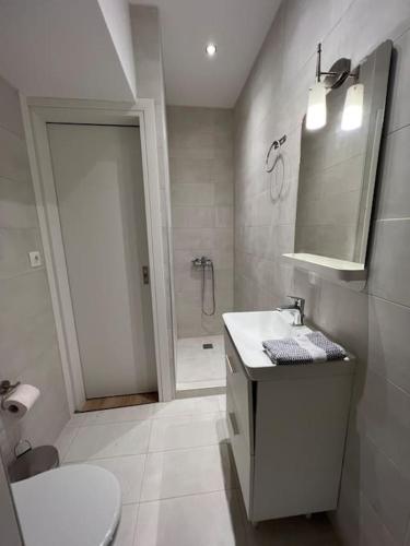 uma casa de banho com um WC, um lavatório e um chuveiro em Luxury Studio “Atene” em Atenas