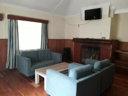 a living room with two blue couches and a fireplace at Naro Moru River Lodge in Naro Moru