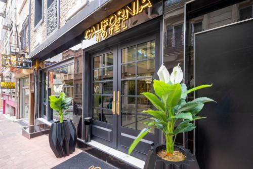 a store front with two potted plants in front of it at Hotel California in Istanbul