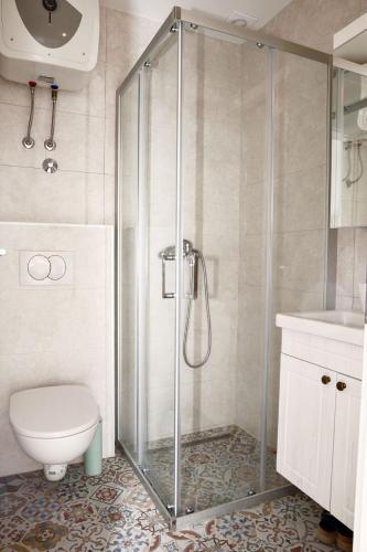 a bathroom with a shower with a toilet and a sink at ADRIATIC Luxury Villa in Okrug Gornji