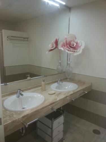 Un baño con dos lavabos y un espejo grande. en Jardin Bizcocheros, en Jerez de la Frontera