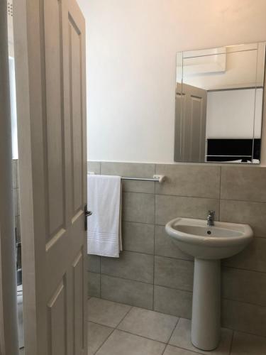 een badkamer met een wastafel en een spiegel bij Spring Acres Guesthouse in Nelspruit