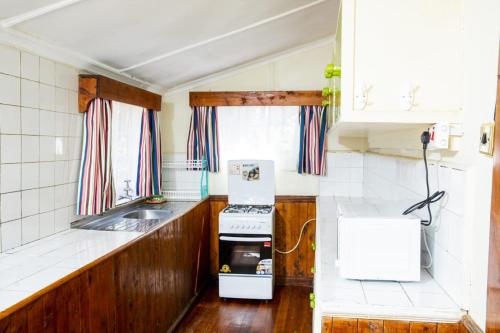 a small kitchen with a stove and a sink at Naro Moru River Lodge in Naro Moru