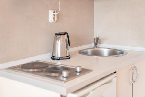 a kitchen with a sink and a kettle on a counter at Apartments Serafimoski in Ohrid