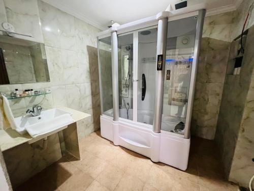 a bathroom with a shower and a sink at Bodhgaya Regency Hotel in Bodh Gaya