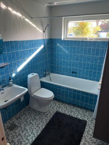 a blue tiled bathroom with a toilet and a tub at Nice villa near nature and the city in Silkeborg