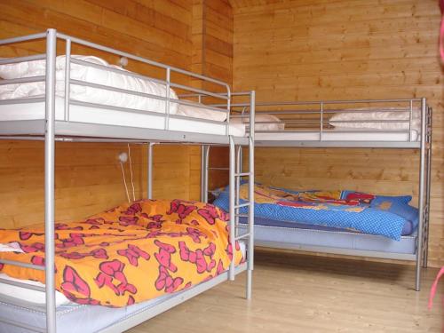 two bunk beds in a room with wooden walls at Grand Valtin : chalet écolo 4 étoiles 14 personnes in Ban-sur-Meurthe-Clefcy
