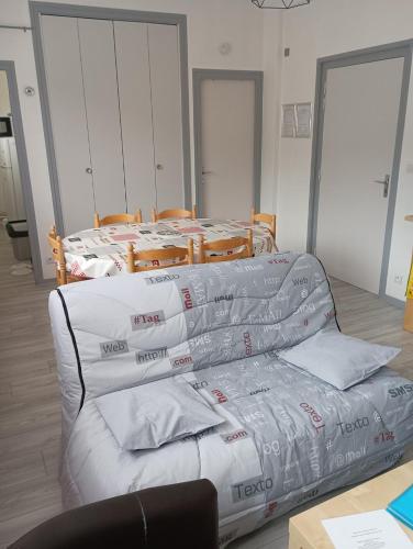 - un salon avec un canapé recouvert de sacs en plastique dans l'établissement LA VOLIERE des PICS, à Le Mont-Dore