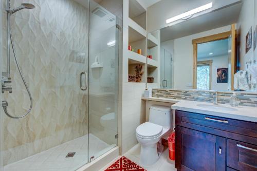 a bathroom with a shower and a toilet and a sink at Sierra Vista in Truckee