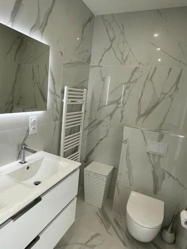 une salle de bain avec un lavabo, des toilettes et un miroir dans l'établissement Villa neuve avec grande piscine chauffée vue mer, à Conca