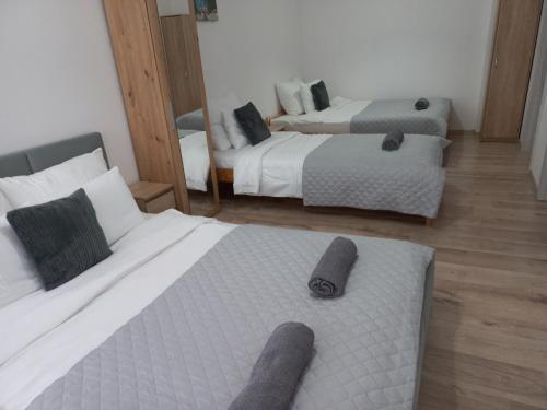 a room with two beds and a living room at Apartament River Skierniewice in Skierniewice