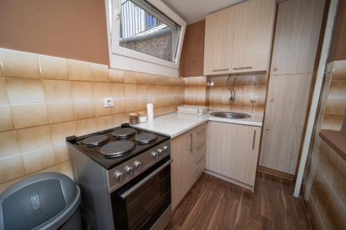 a small kitchen with a stove and a sink at Darija Apartments - City Square in Ohrid