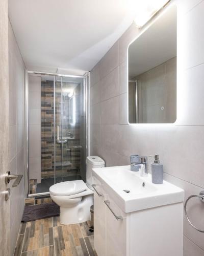 a bathroom with a toilet and a sink and a mirror at Happy Stay Apartment - Halefka Court in Larnaca