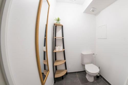 a bathroom with a toilet and a mirror at Paris & DisneyLand - 2min From Train Station - Free Private Parking in Villiers-sur-Marne