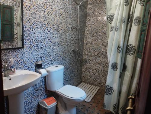 een badkamer met een toilet, een wastafel en een douche bij Dar Fès Huda in Fès