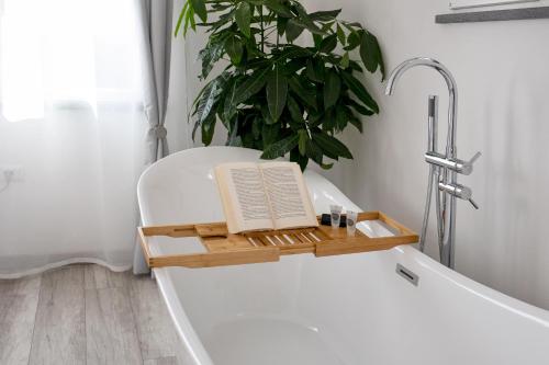 a bathroom with a bath tub with a book on a shelf at B&B da Baba in Ghizzano