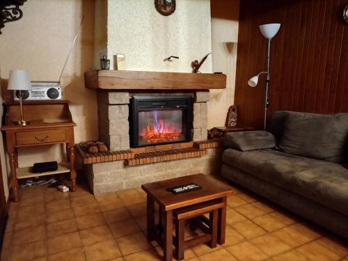 a living room with a couch and a fireplace at Les Chaumes in Villiers-en-Morvan