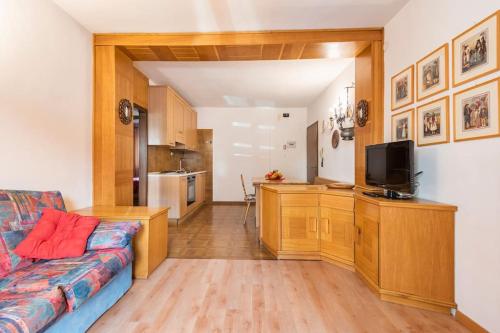 莫埃納的住宿－Delizioso appartamento trilocale a Moena，带沙发的客厅和厨房