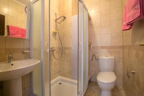 a bathroom with a shower and a toilet and a sink at Royal Holiday Apartments Sveti Stefan in Sveti Stefan