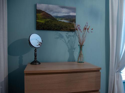 a mirror on top of a dresser with a vase of flowers at Yr Adfa The Retreat in Blaenau-Ffestiniog