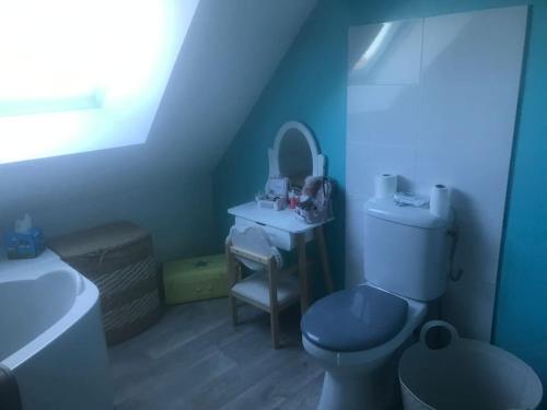La salle de bains bleue est pourvue de toilettes et d'un lavabo. dans l'établissement Belle longère - proche circuit 24h, à Roézé-sur-Sarthe