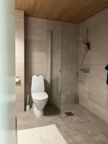 uma casa de banho com um WC e um chuveiro em Juuri valmistunut kaksio upealla Logomon alueella. em Turku