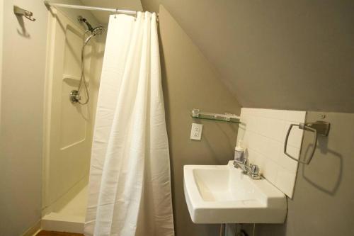 a bathroom with a shower curtain and a sink at Entire Cozy House near Moody St, Bentley, Brandeis in Waltham