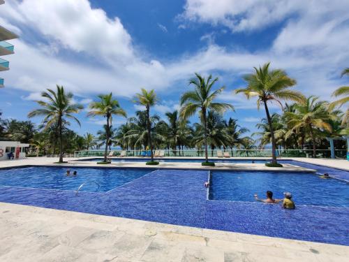 twee mensen zwemmen in een zwembad met palmbomen bij Apartamento con vista al mar in Cartagena