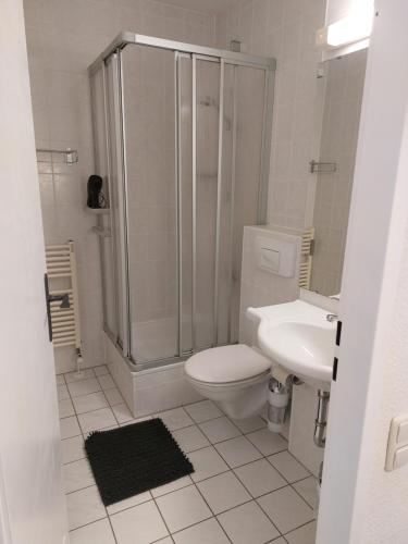 uma casa de banho com um chuveiro, um WC e um lavatório. em Apartment Almberg em Mitterfirmiansreut