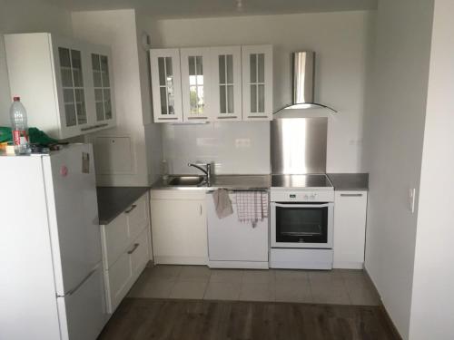 une cuisine blanche avec un évier et une cuisinière dans l'établissement 3 room flat in ParkLane - 1,5km Disney, à Serris