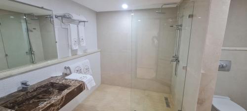 W łazience znajduje się prysznic, umywalka i toaleta. w obiekcie Erfoud Palace w mieście Arfud