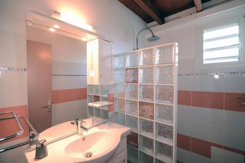La salle de bains est pourvue d'un lavabo et d'un miroir. dans l'établissement Villa Sohalia climatisée, piscine et jardin à 5mn de la plage, au Diamant