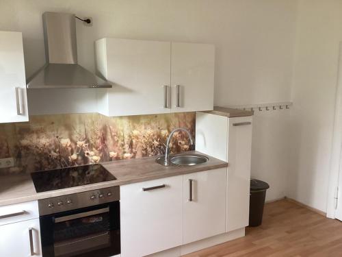 uma cozinha com armários brancos, um lavatório e um fogão em Haus Lies em Rehfelde