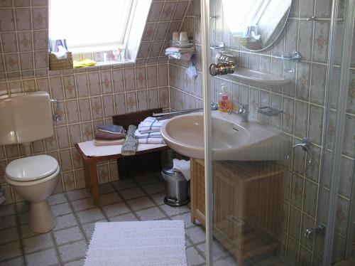 een badkamer met een wastafel en een toilet bij Haus mit Lilie und Rose in Westerdeichstrich