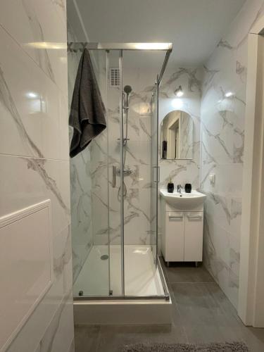 a bathroom with a shower and a sink at New Classic 30m. in Piła