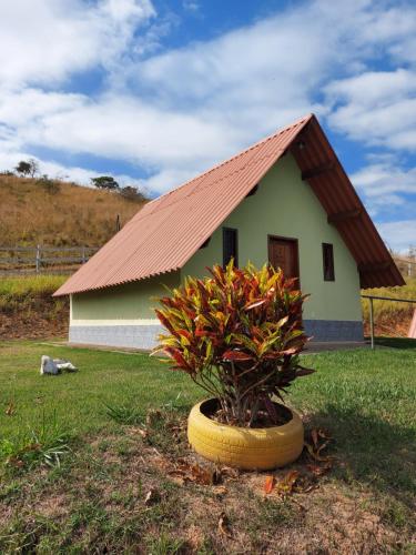 a small house with a plant in a tire at Pousada e Pesque e Pague Vista Alegre in Paty do Alferes