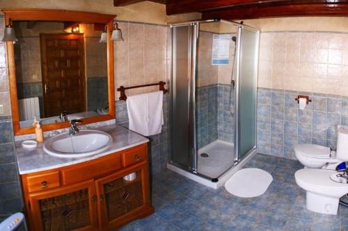 a bathroom with a shower and a toilet and a sink at Casa rural Huertos de Sayago in Moralina