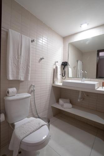 a bathroom with a toilet and a sink and a mirror at Hotel Cabo Branco Atlântico in João Pessoa
