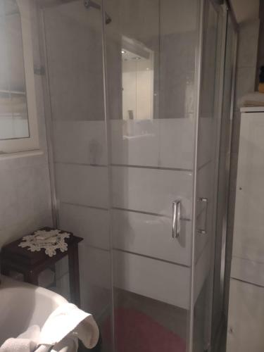 een douche met een glazen deur in de badkamer bij Come here home swet in Bergamo