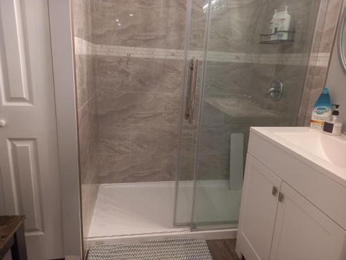 um chuveiro com uma porta de vidro na casa de banho em Splendid Place em Kingston