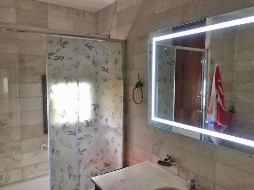 a bathroom with a shower with a sink and a mirror at Departamento Mar Punta del Este in Punta del Este