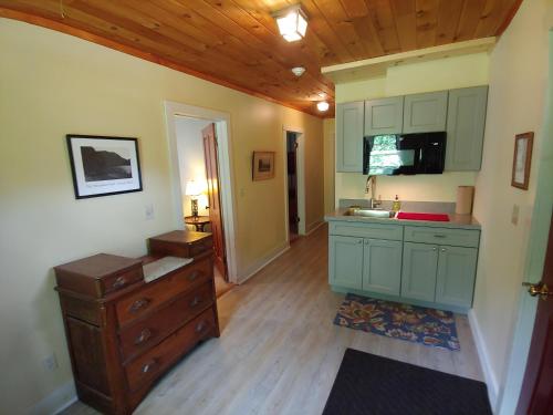 a kitchen with green cabinets and a sink and a wooden floor at Keene Valley Lodge in Keene Valley