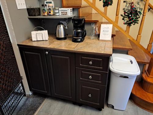 a kitchen with a counter with a sink and a toilet at Auberge Jeunesse à Loulou in Lévis