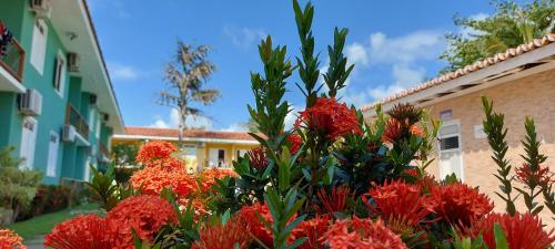 a bunch of red flowers in front of a building at Praia Boulevard Flat Porto Bahia in Porto Seguro