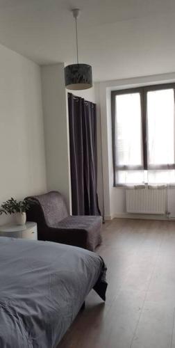 1 dormitorio con 1 cama, 1 silla y 1 ventana en logement 5 personnes proche CV et parking privé, en Saint-Étienne