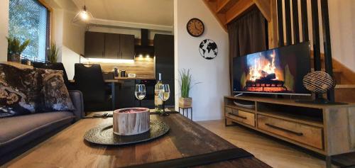 Televisyen dan/atau pusat hiburan di Sjesta al mare, domki z sauną i balią z jacuzzi