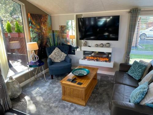 a living room with a couch and a fire place at Jasmine Lodge, 2 bedroom with hot tub - Felmoor Park in Felton