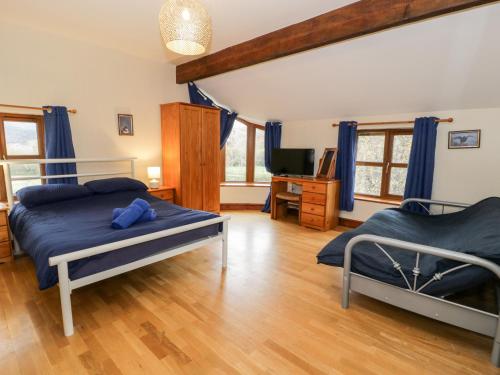 sypialnia z 2 łóżkami i telewizorem w obiekcie Ddol Helyg Farmhouse w mieście Llanrug