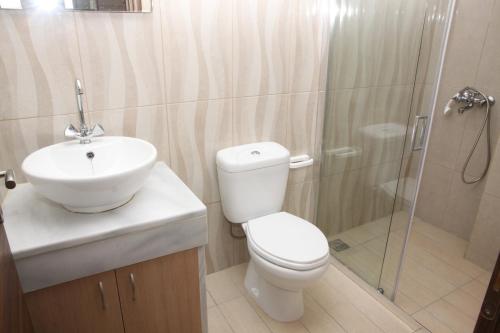 a bathroom with a toilet and a sink and a shower at ilissos Apartments in Stalida
