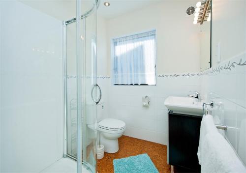 een badkamer met een toilet, een wastafel en een douche bij Views Over Russell in Russell